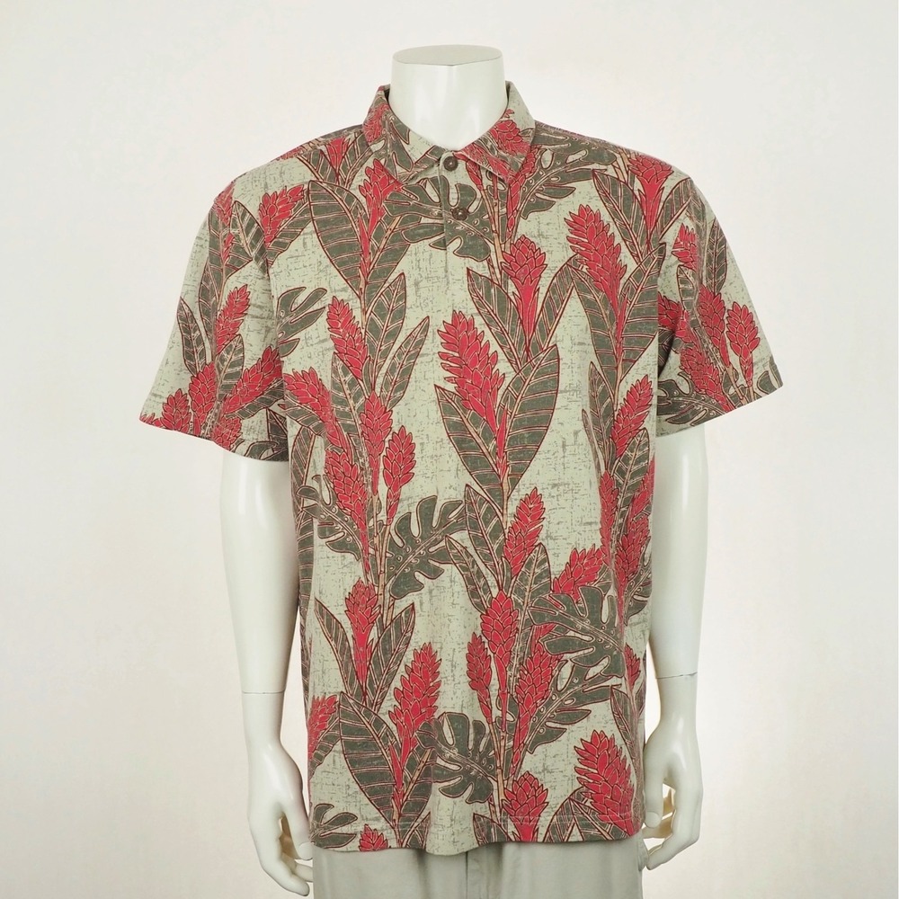 New Crazy Shirts Hawaii Hawaiian Polo Shirt Mens Large Beige Floral AOP Tropical
